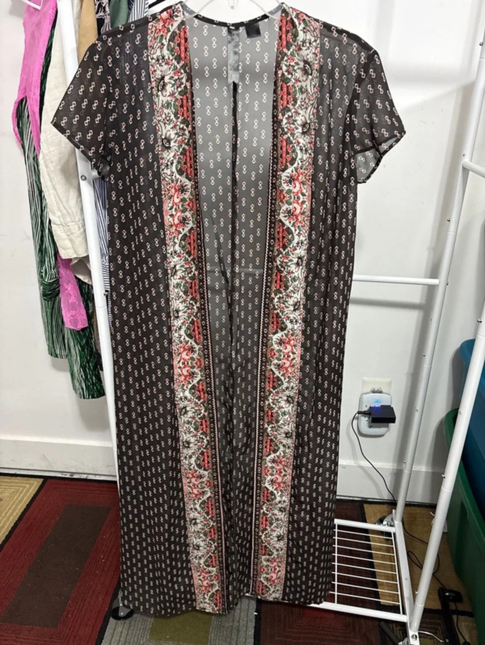 Boho Sheer Longline Kimono Duster Cardigan - Floral Panels